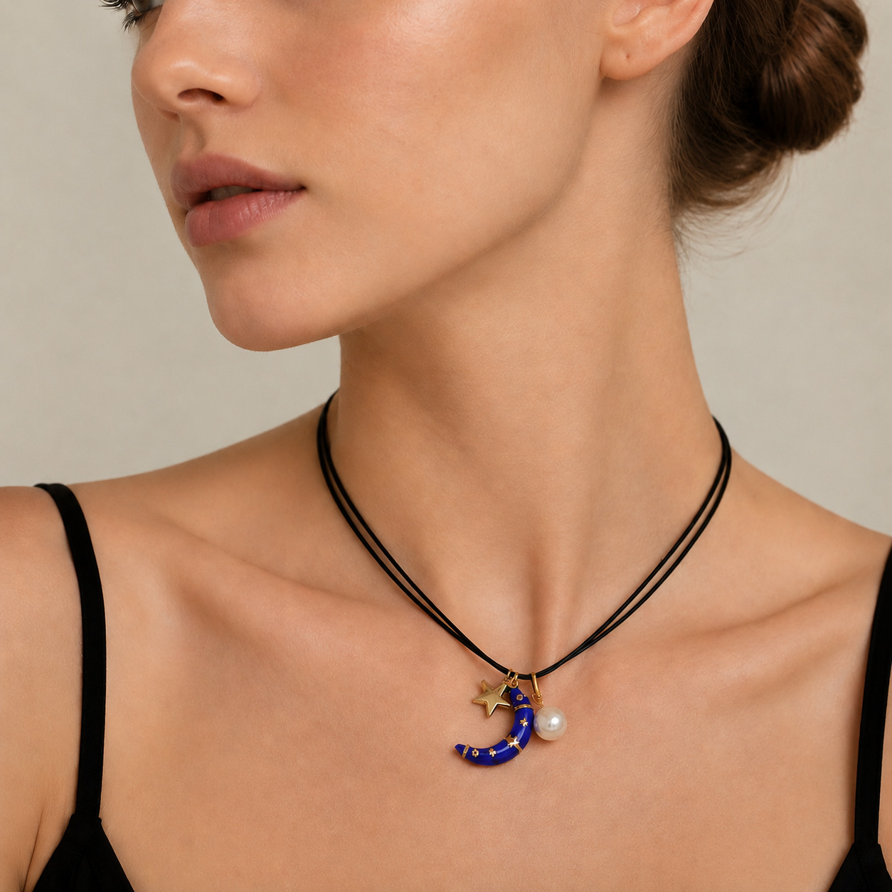 Blue Oil-Drop Enamel Moon And Star Necklace