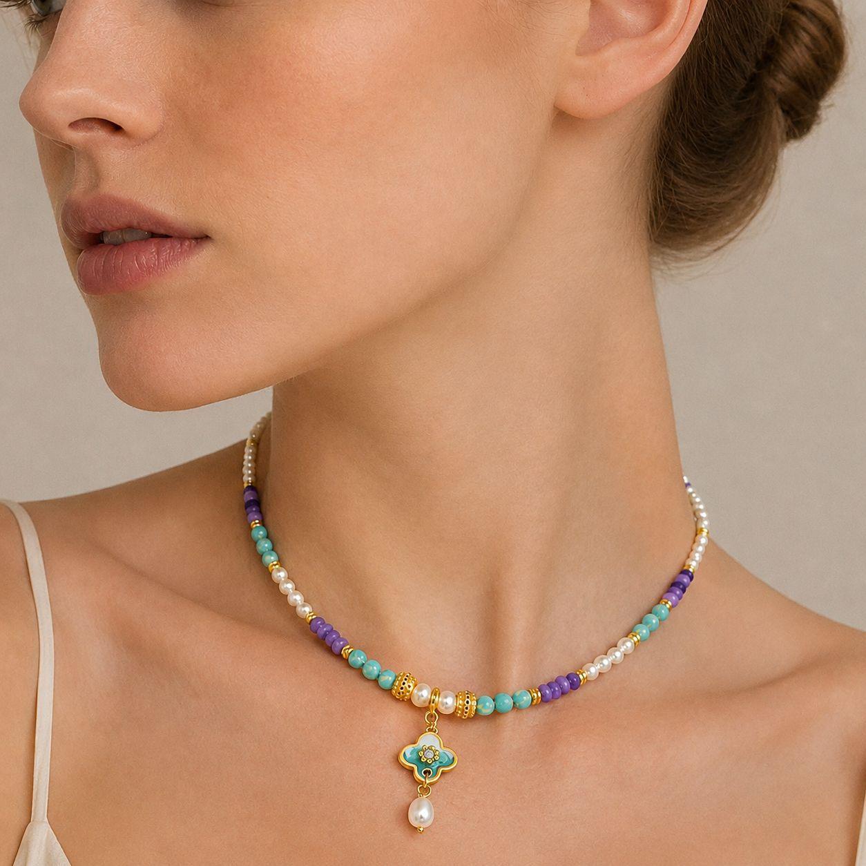 Womens Colorful Dripped-Oil Dopamine Natural Stone Beaded Necklace